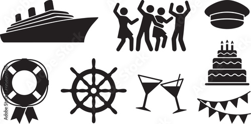 Celebration Elements: A collection of nautical and celebration-themed silhouettes, depicting the essence of a cruise vacation, with iconic symbols like a ship, dancers, cake, and festive decor.