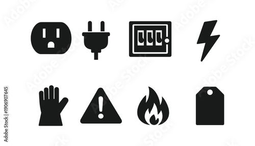Electrical safety icons: plug, socket, warning signs for hazard awareness