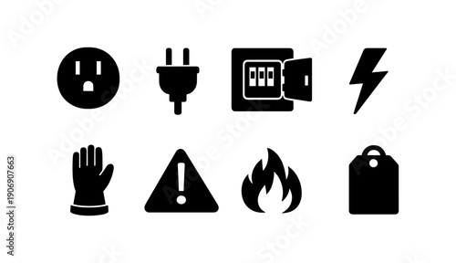 Electrical safety icons: plug, socket, circuit breaker, lightning, glove, warning, fire, shopping
