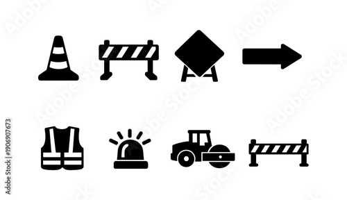 Road construction icons set: cone, barrier, sign, arrow, vest, light, tractor