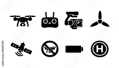 Drone equipment icons set: remote, camera, propeller, satellite, no-fly, battery, helipad