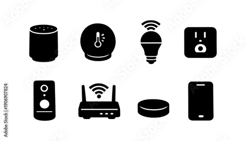 Smart home devices icons: thermostat, speaker, bulb, router, plug, phone