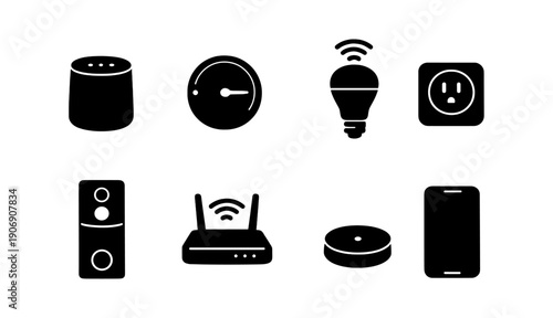 Black silhouette icons of smart home devices: speaker, thermostat, light bulb, plug, doorbell, router, hub, smartphone