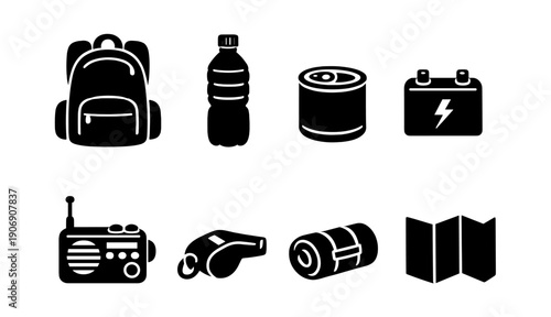 Camping essentials: backpack, water bottle, canned food, battery, radio, whistle, sleeping bag, map