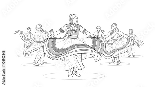 Traditional dance celebration in line art style with flowing costumes