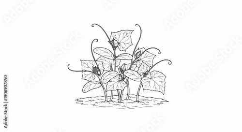 Line art illustration of several sprouting plants with curling tendrils emerging from soil