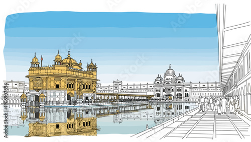 Detailed architectural landscape of golden temple with reflective waterscape and blue sky