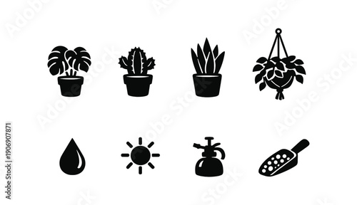 Silhouettes of potted plants and gardening tools icons set