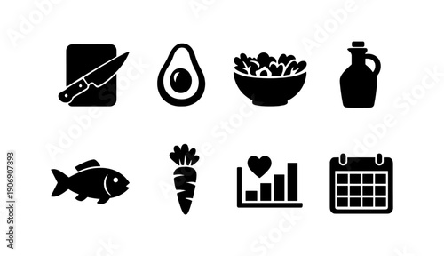 Kitchen essentials: knife, avocado, salad, oil, fish, carrot, chart, calendar icons
