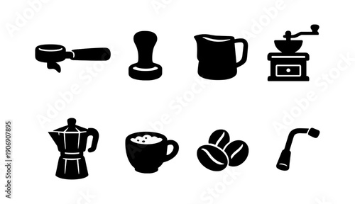 Silhouette icons of coffee tools and accessories