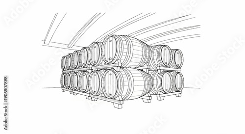 Line art illustration of wooden barrels stacked in rows under a curved ceiling
