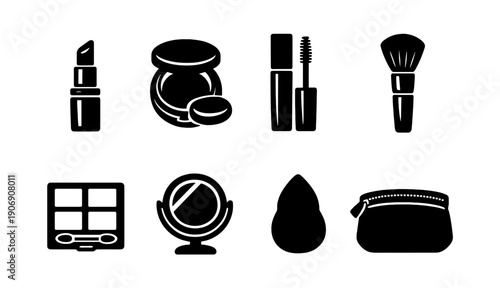 Black and white cosmetic icons featuring lipstick mascara brush and mirror