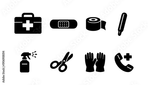 Medical icons set: first aid kit, bandage, thermometer, gloves, call