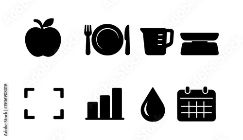 Set of food and health icons including apple, plate, measuring cup, scale, chart, water drop, calendar