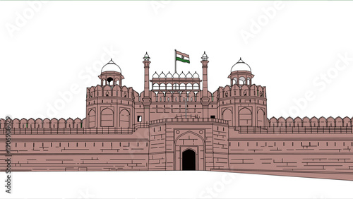 Flat design of red fort in delhi featuring indian flag and historic architecture