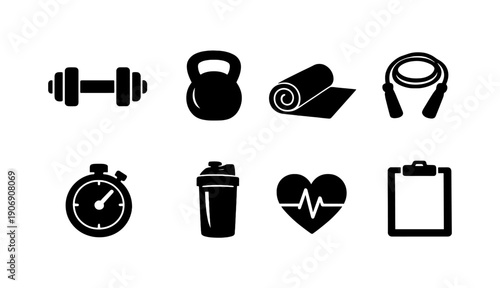 Essential fitness icons: dumbbell, kettlebell, yoga mat, jump rope, stopwatch, shaker, heartbeat, clipboard