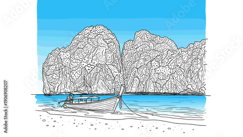 Scenic beach with rocky cliffs and boat under clear blue sky in linear art style