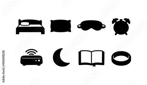 Simple sleep icons: bed, pillow, eye mask, clock, wi-fi, moon, book, ring