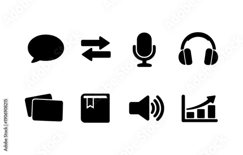 Communication and multimedia icon set: speech, sync, microphone, headphones, notes, sound