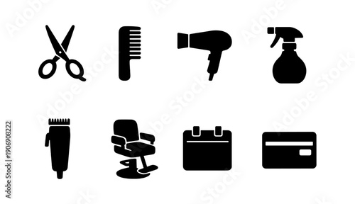 Barber and salon tools: scissors, comb, hairdryer, spray bottle, clippers, chair, calendar, card icons