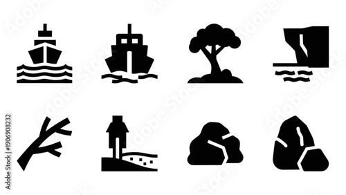 Silhouette icons of marine and nature elements: boats, trees, and rocky landscapes