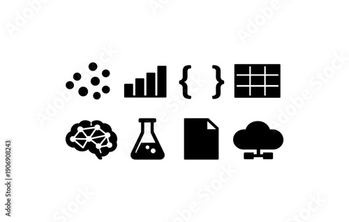 Black icons for data science and analytics: charts, chemical flask, neural networks