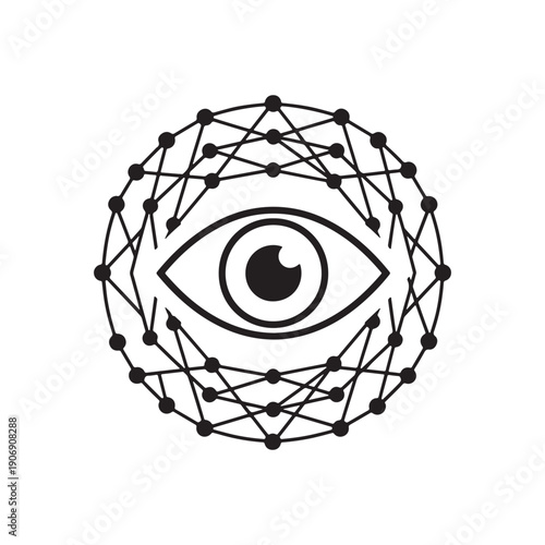 AI computer vision icon, futuristic technology and surveillance symbol with an all-seeing eye in a digital network, vector line art.