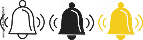 Bell icon set, lack and white Notification bell icon set,  bell icon logo symbol in outline, flat style. Modern bell icons for social media and app designs Vector illustration