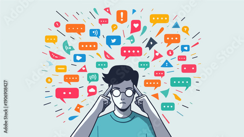 Overwhelmed Person Surrounded by Chaotic Social Media Notifications
