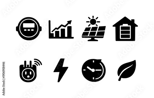 Smart energy management icons: solar, efficiency, sustainability, monitoring, conservation