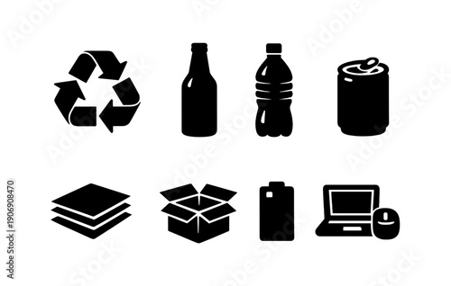 Recycling symbols: plastic, glass, aluminum cans, paper, cardboard, electronic waste