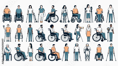 Diverse People with Disabilities Using Assistive Mobility Devices – Flat Illustration Set