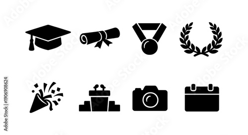 Graduation icons: cap, diploma, medal, laurel, celebration, podium, camera, calendar
