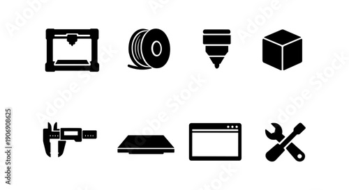 3d printing icons: printer, filament, nozzle, cube, caliper, platform, software, tools