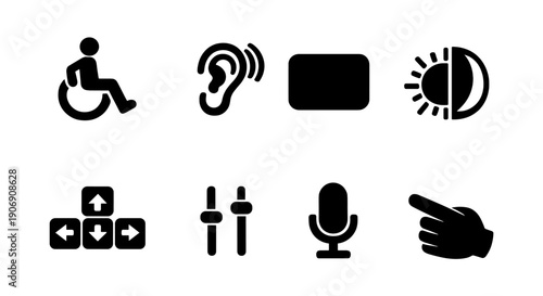 Accessibility icons set featuring wheelchair, hearing, contrast, brightness, and navigation
