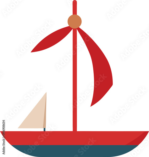 Colorful cartoon sailboat with red hull and blue bottom on white background Keywords: sailboat, sailing, boat, ship, watercraft, nautical, marine