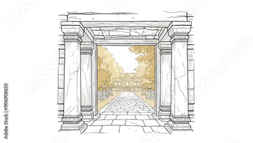 Ancient gate leading to historic temple with lush trees in black and white sketch