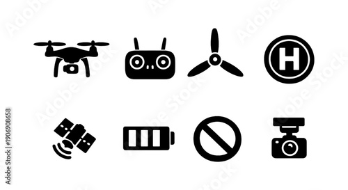 Drone equipment icons: remote, propeller, landing pad, satellite, battery, no-fly, camera