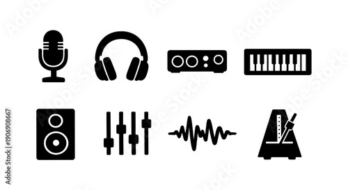 Audio equipment icons: microphone, headphones, mixer, keyboard, speaker, equalizer, wave, metronome