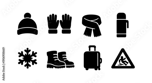 Winter clothing and travel icons including hat gloves scarf boots