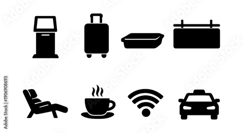 Airport travel icons: check-in, luggage, security, boarding, lounge, coffee, wi-fi, taxi