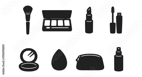 Black silhouette makeup icons: brush, palette, lipstick, mascara, mirror, sponge, bag, spray