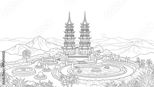 Scenic asian pagoda landscape with mountain view in detailed outline drawing