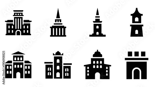 Set of black silhouette historical buildings and landmarks