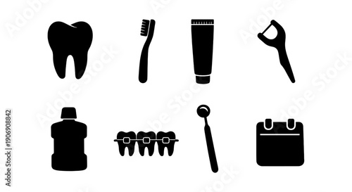 Dental care icons: tooth, toothbrush, toothpaste, floss, mouthwash, braces, mirror, calendar