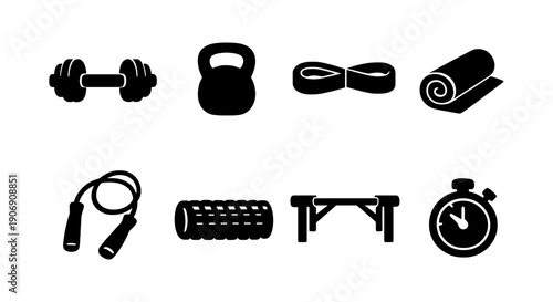 Set of fitness equipment icons featuring dumbbell, kettlebell, and yoga mat
