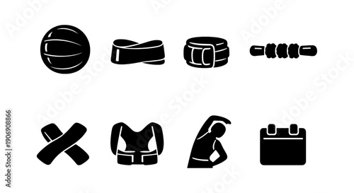 Silhouette fitness icons: volleyball, karate belt, belt, roller, straps, vest, stretching, calendar