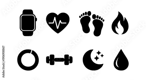 Health and fitness icons: watch, heartbeat, steps, fire, chart, dumbbell, sleep, hydration