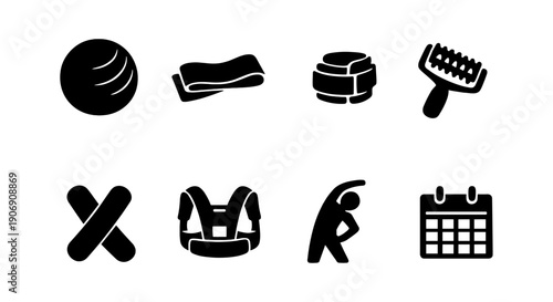 Silhouette icons of sports equipment and stretching person