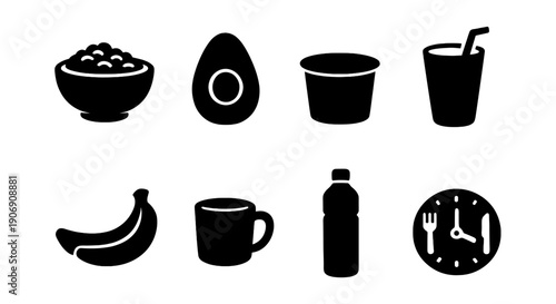 Silhouettes of breakfast icons including avocado yogurt and coffee